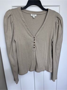 On 34th Taupe V-Neck Long Sleeve Button Henley Top